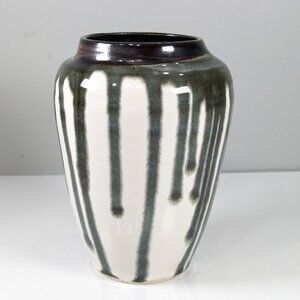 Handmade pottery vase in black and white, dark green drip, gothic home decor